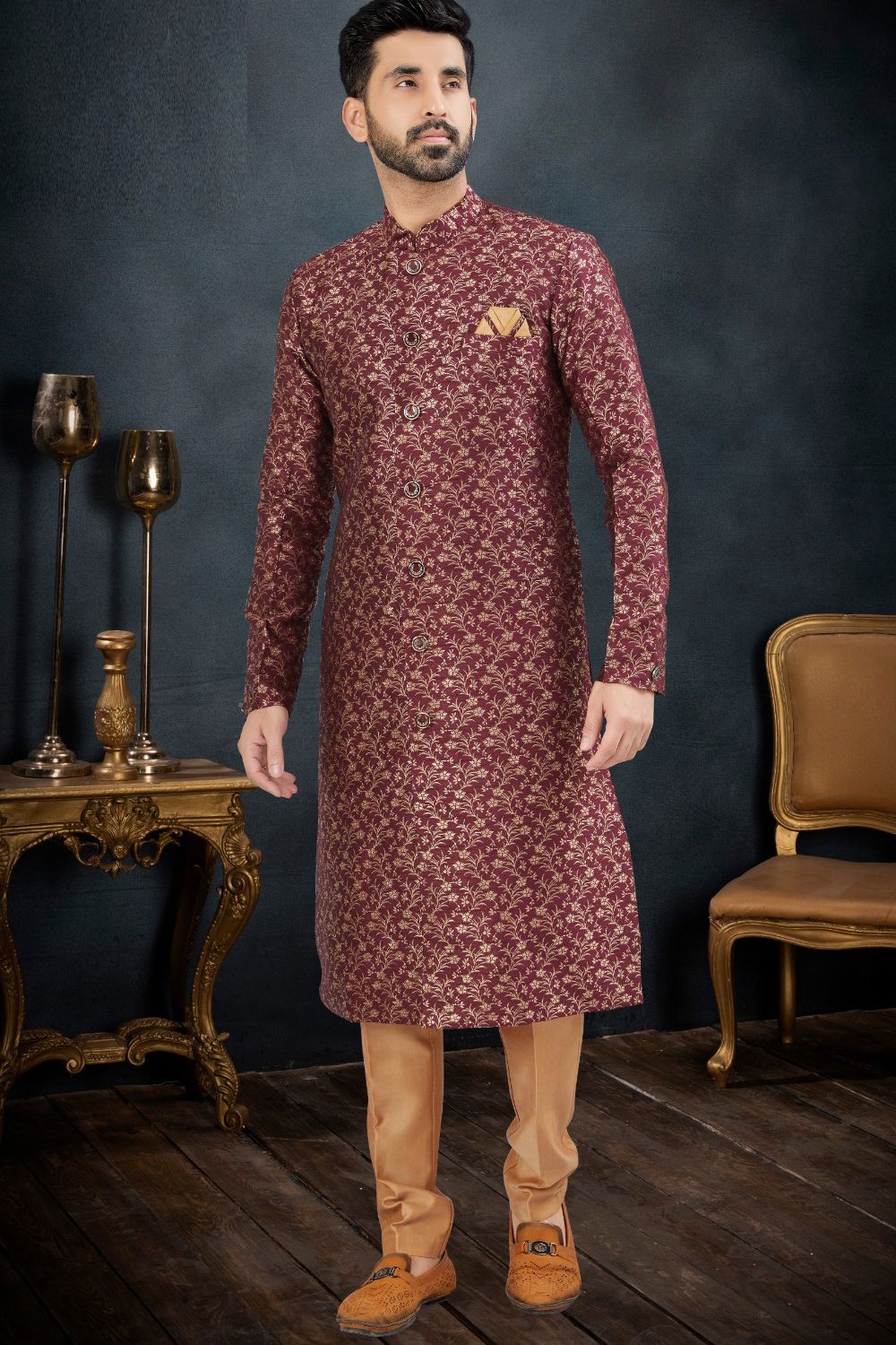 Wine Banarasi Jaquard Indo Western (NMK-7616) - Nihal Fashions