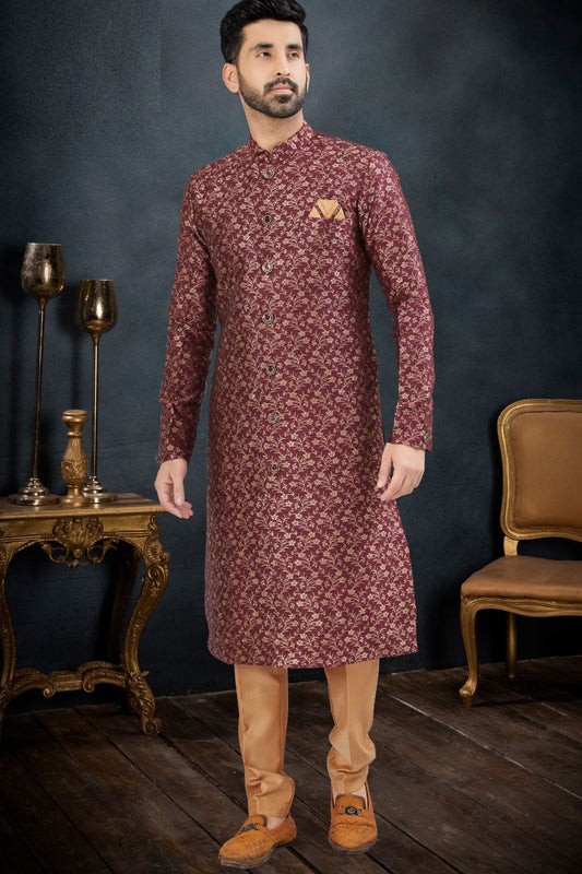 Wine Banarasi Jaquard Indo Western (NMK-7616) - Nihal Fashions