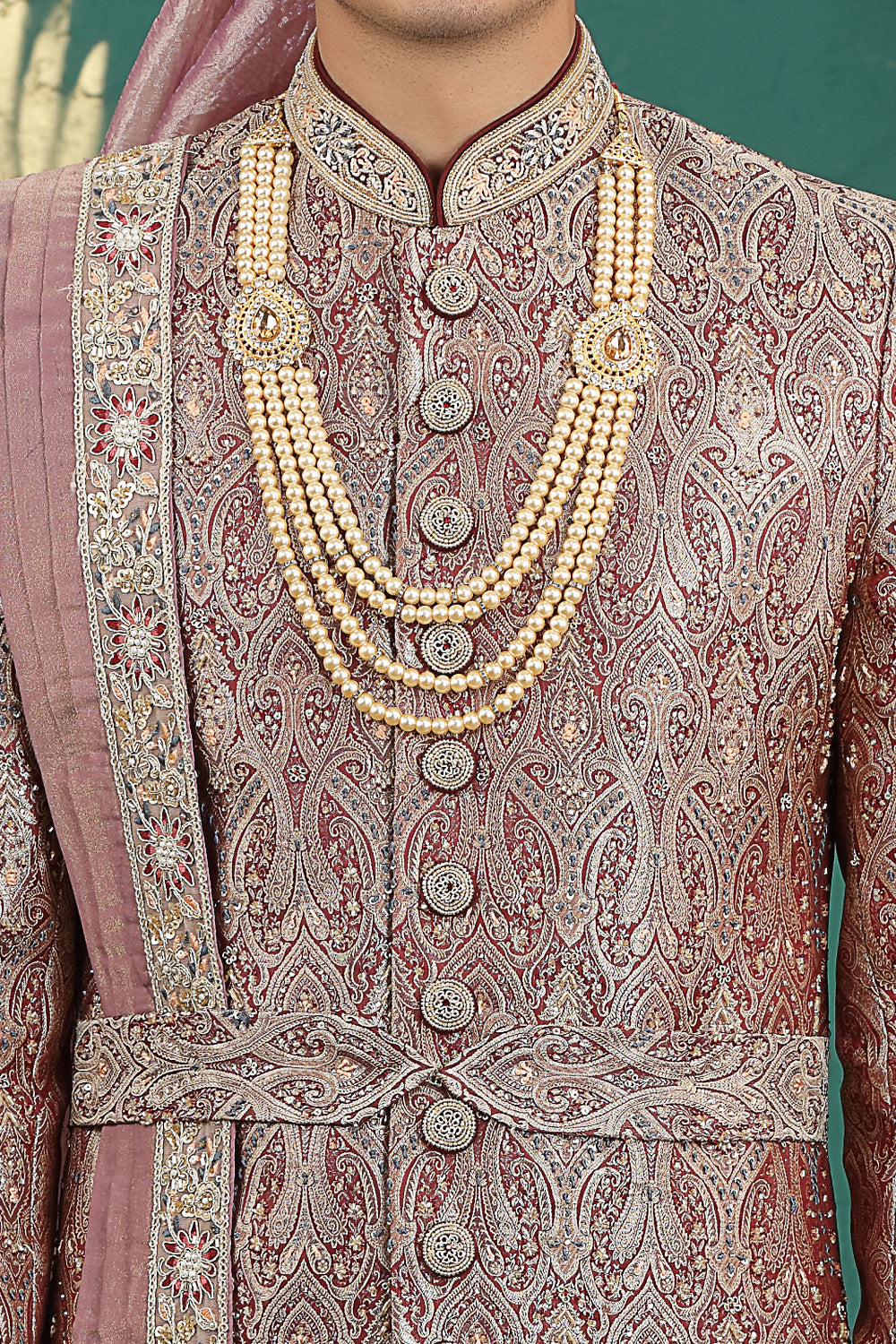 Wine Banarasi Jaquard Sherwani (NMK-8613) - Nihal Fashions