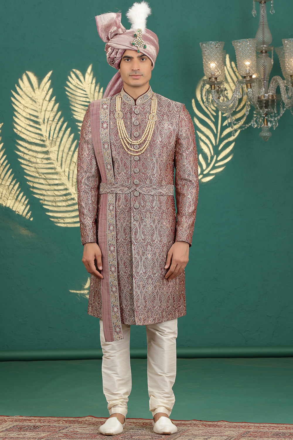 Wine Banarasi Jaquard Sherwani (NMK-8613) - Nihal Fashions
