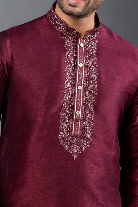 Wine Banglori Silk Kurta Pajama (NMK-8719) - Nihal Fashions