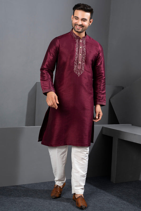 Wine Banglori Silk Kurta Pajama (NMK-8719) - Nihal Fashions