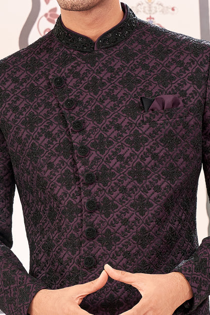 Wine, Black Art Embroidered Silk Indo Western (NMK-8529) - Nihal Fashions