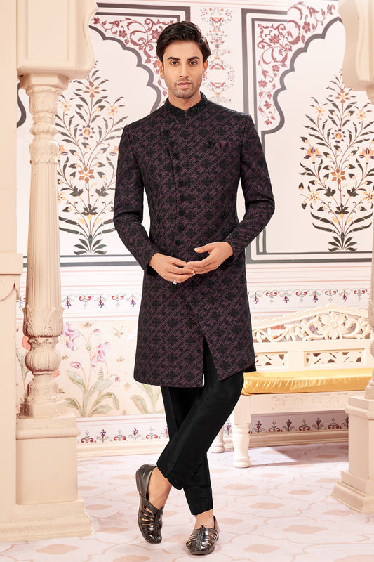 Wine, Black Art Embroidered Silk Indo Western (NMK-8529) - Nihal Fashions