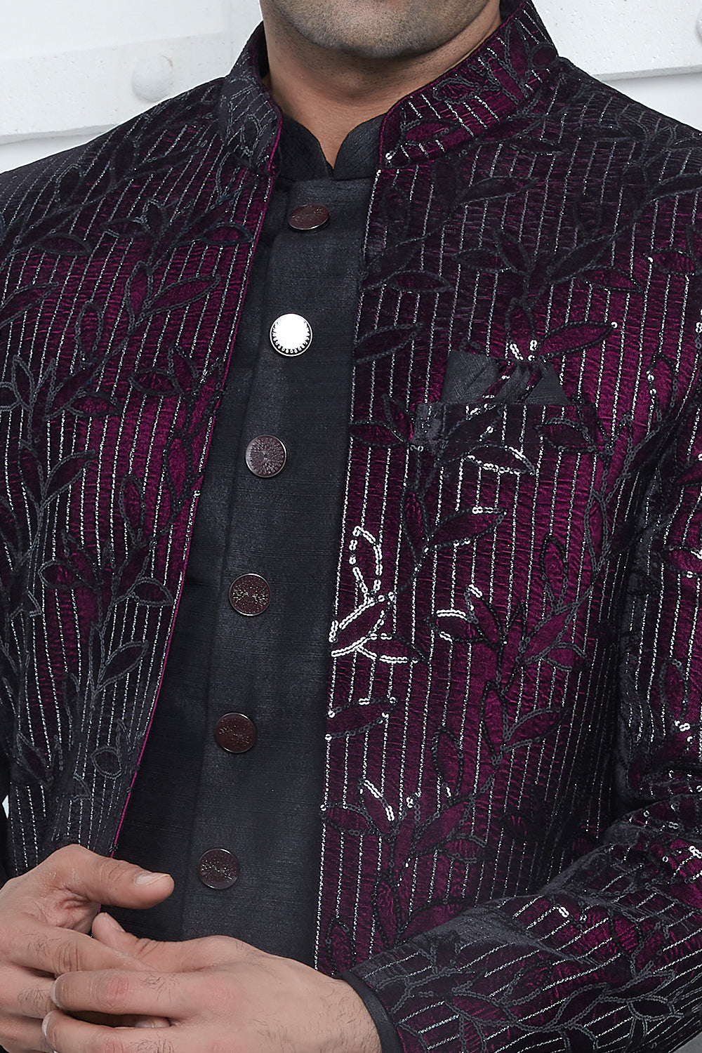 Wine Black Velvet Silk 3 piece Jacket Set (NMK-7869) - Nihal Fashions