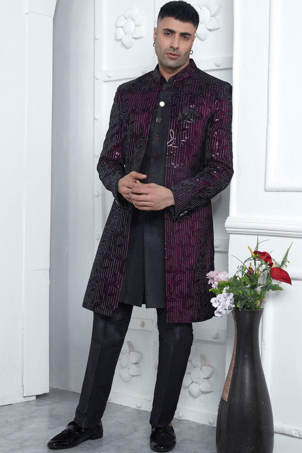 Wine Black Velvet Silk 3 piece Jacket Set (NMK-7869) - Nihal Fashions