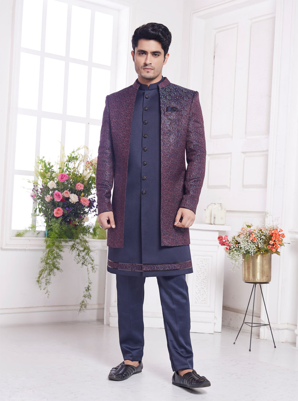 Wine Blue Imported Jaquard Silk 3 Pcs Jacket Set (NMK-8341) - Nihal Fashions