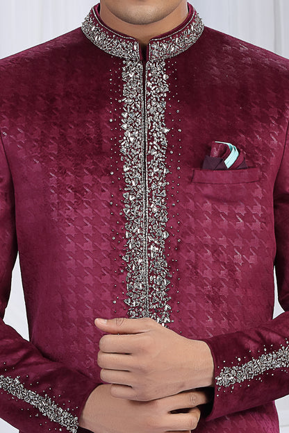 Wine Embossed Velvet Indo Western (NMK-8686) - Nihal Fashions