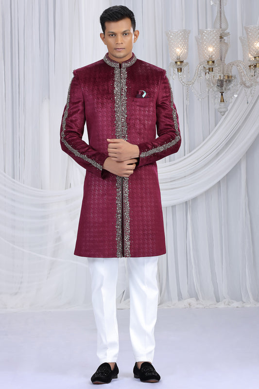 Wine Embossed Velvet Indo Western (NMK-8686) - Nihal Fashions