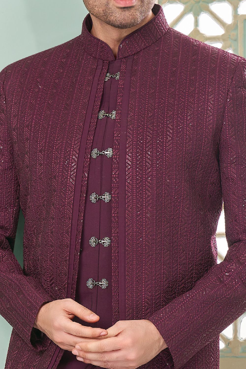 Wine Embroidered Art Silk Indo Western (NMK-7649) - Nihal Fashions