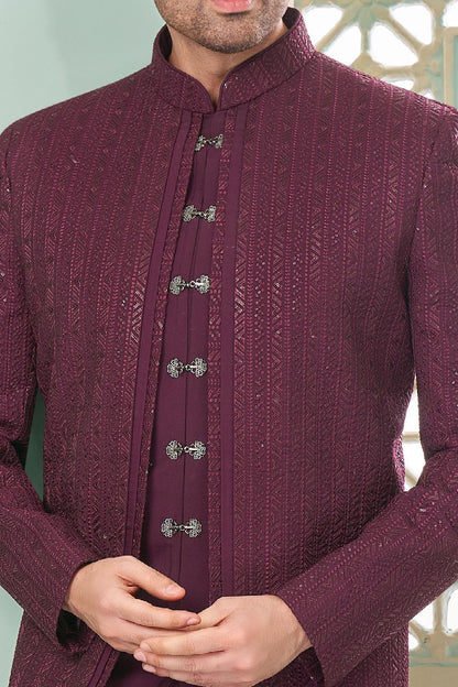 Wine Embroidered Art Silk Indo Western (NMK-7649) - Nihal Fashions