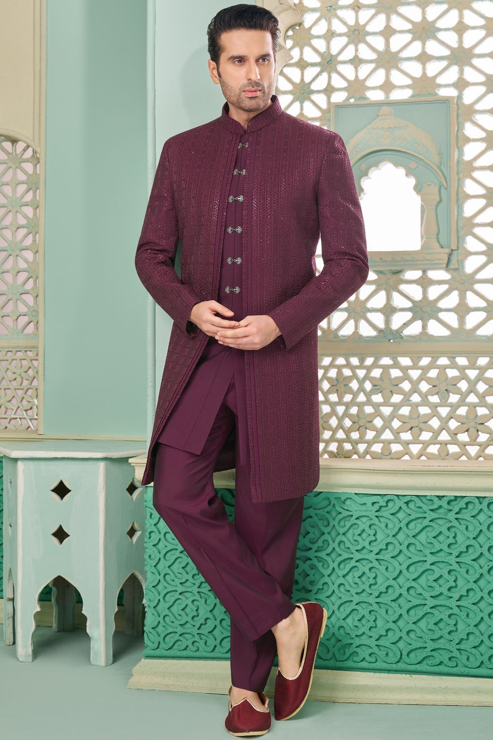 Wine Embroidered Art Silk Indo Western (NMK-7649) - Nihal Fashions