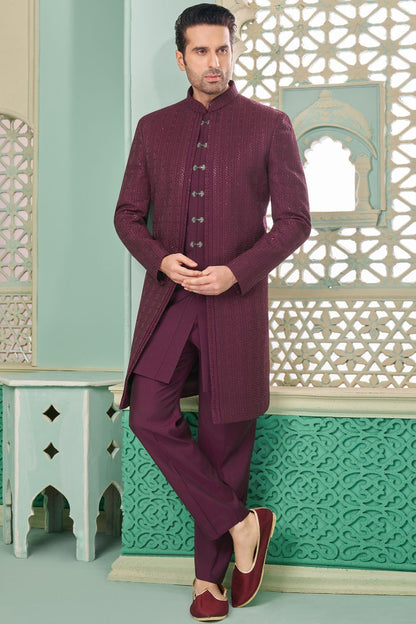 Wine Embroidered Art Silk Indo Western (NMK-7649) - Nihal Fashions