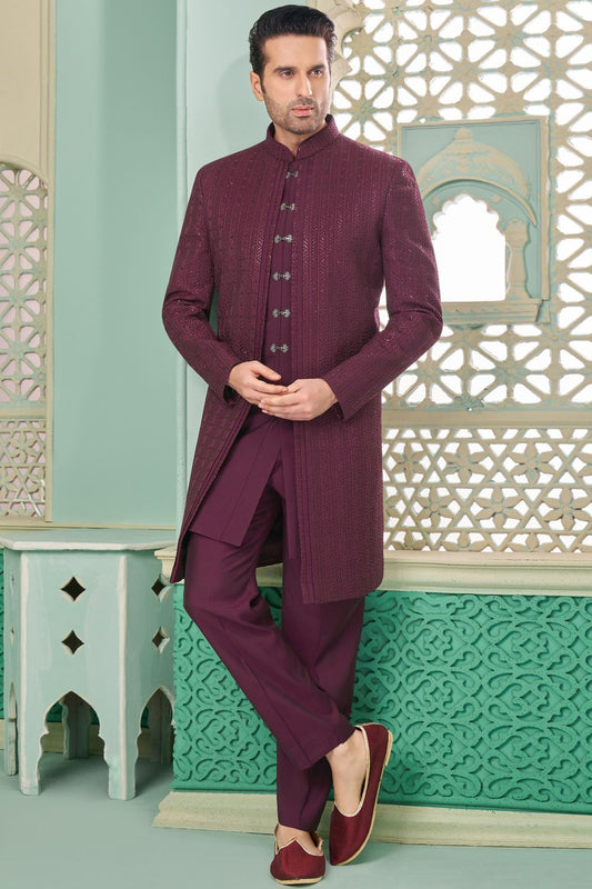 Wine Embroidered Art Silk Indo Western (NMK-7649) - Nihal Fashions
