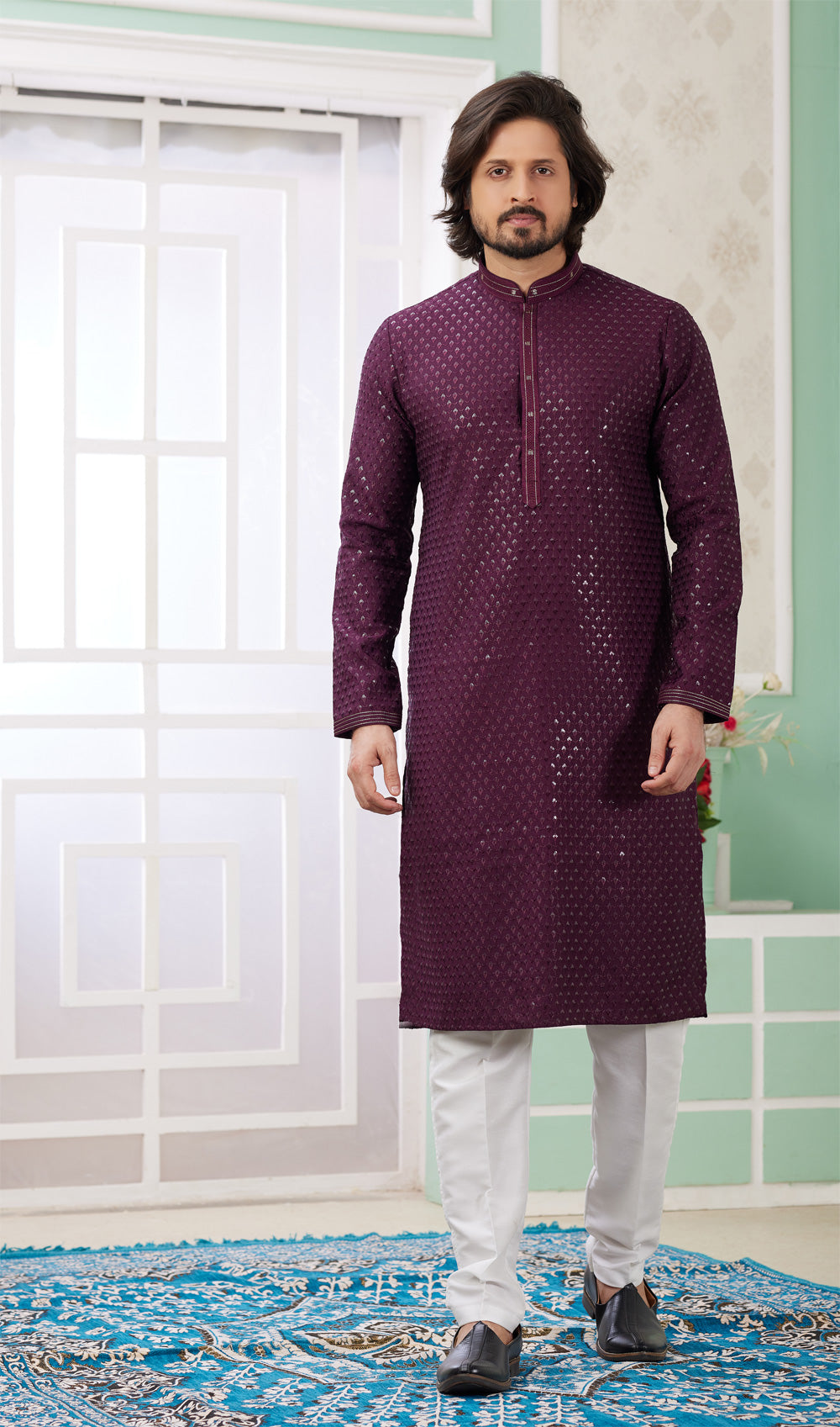 Wine Embroidered Art Silk Kurta Pajama (NMK-8364) - Nihal Fashions