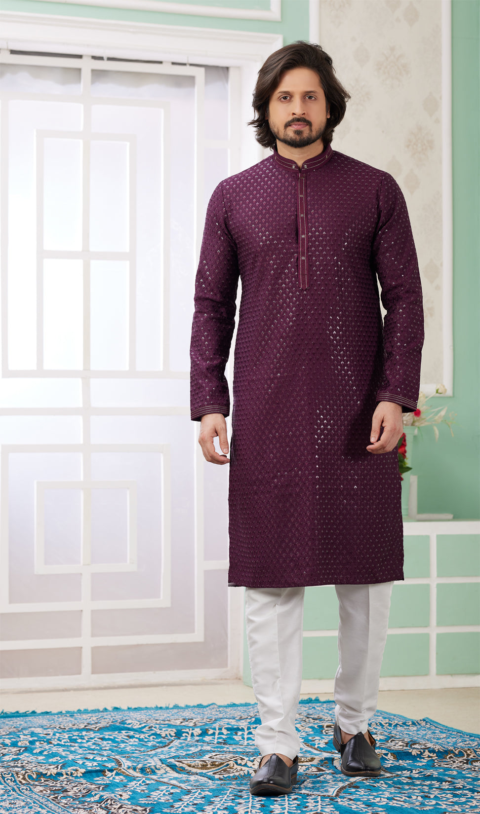 Wine Embroidered Art Silk Kurta Pajama (NMK-8364) - Nihal Fashions