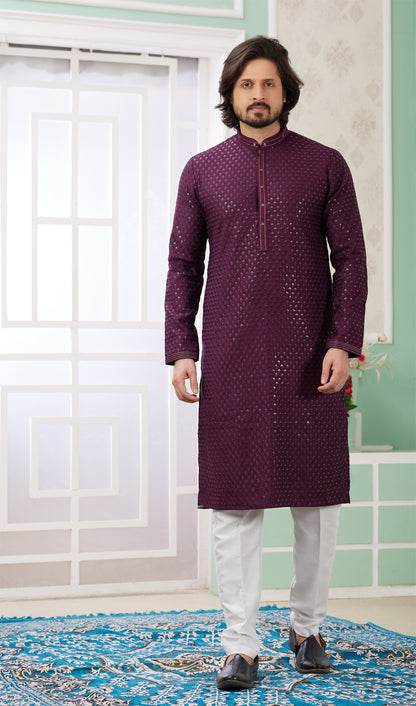 Wine Embroidered Art Silk Kurta Pajama (NMK-8364) - Nihal Fashions
