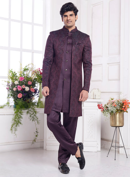 Wine Imported Jaquard Silk 2 Pcs Jacket Set (NMK-8339) - Nihal Fashions