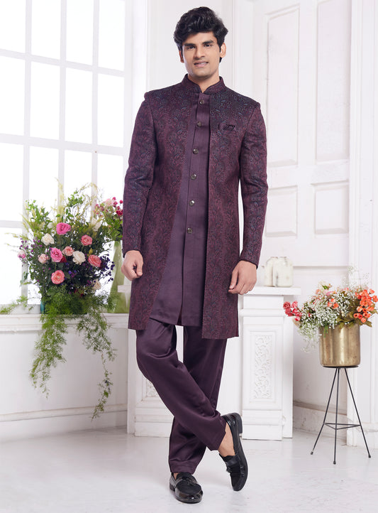 Wine Imported Jaquard Silk 2 Pcs Jacket Set (NMK-8339) - Nihal Fashions