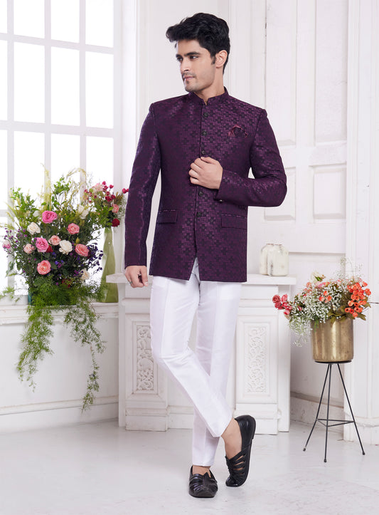Wine Imported Jaquard Silk Jodhpuri (NMK-8346) - Nihal Fashions