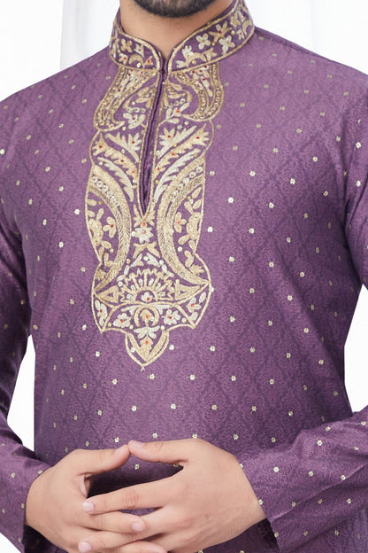 Wine Jaquard Mens Kurta Pajama (NMK-7804) - Nihal Fashions