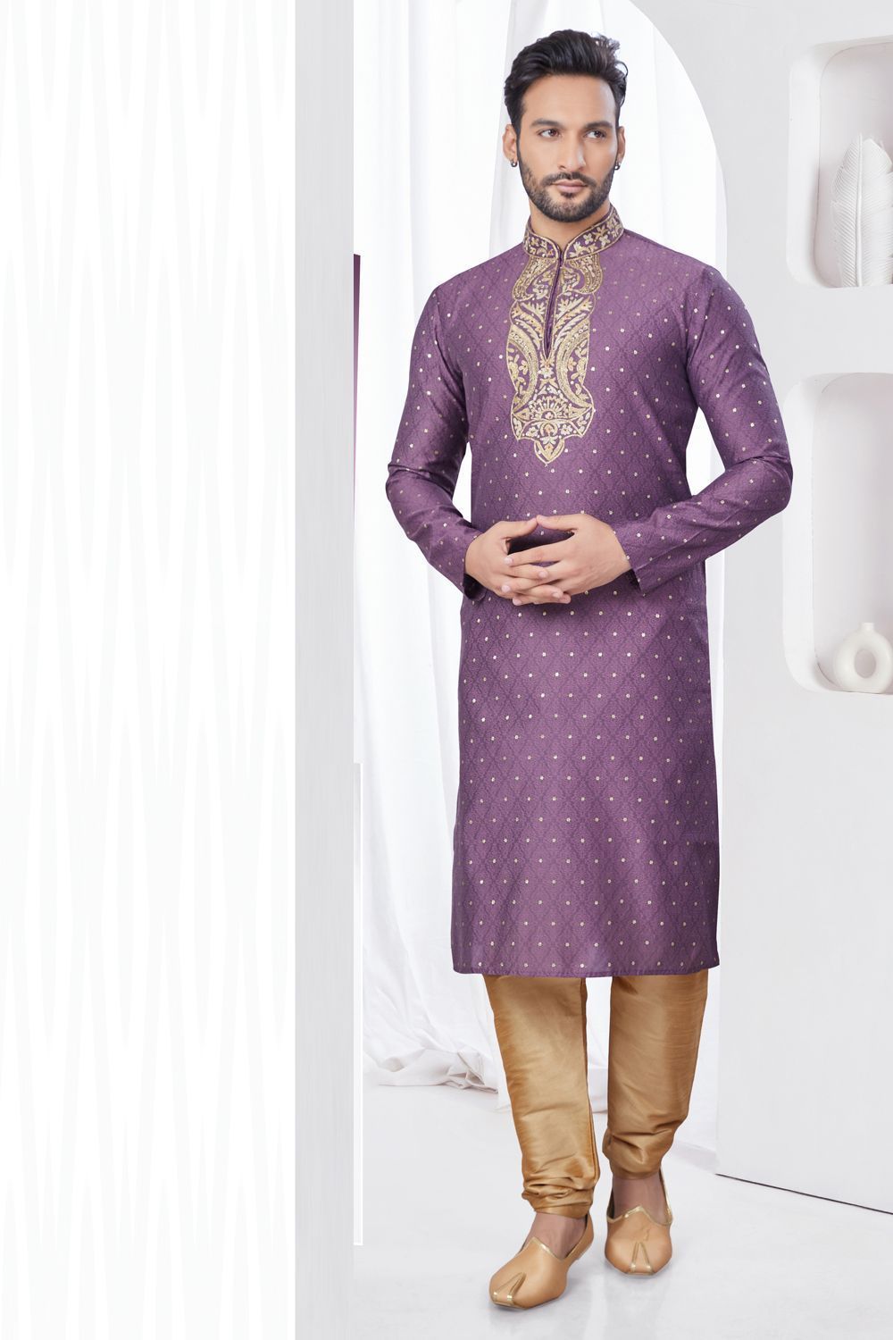 Wine Jaquard Mens Kurta Pajama (NMK-7804) - Nihal Fashions