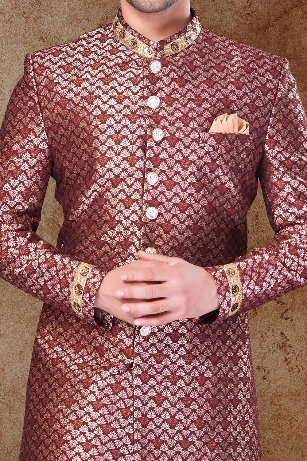 Wine Jaquard Mens Sherwani (NMK-6769) - Nihal Fashions
