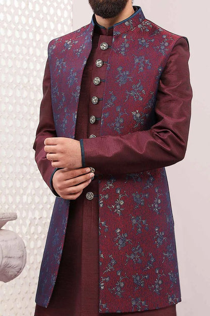 Wine Jaquard Silk Brocade Indo Western (NMK-5591)