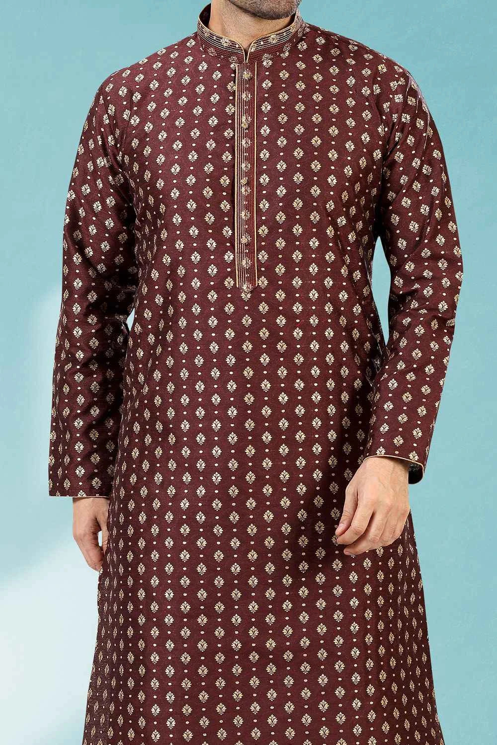 Wine Jaquard Silk Brocade Kurta Pajama (NMK-5198)