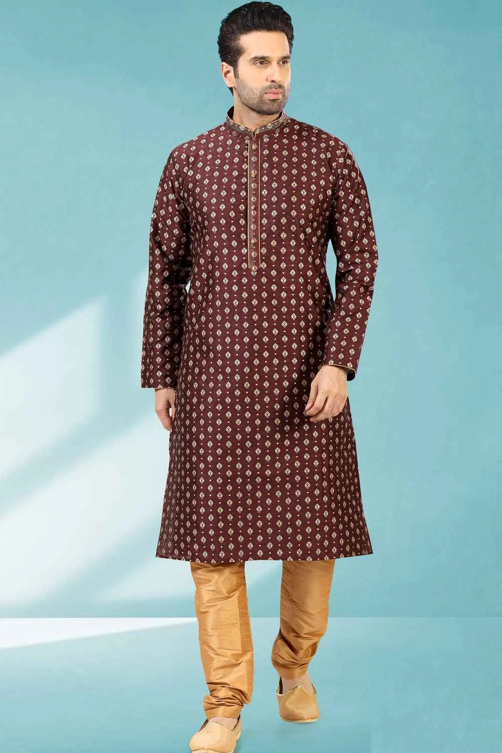 Wine Jaquard Silk Brocade Kurta Pajama (NMK-5198)