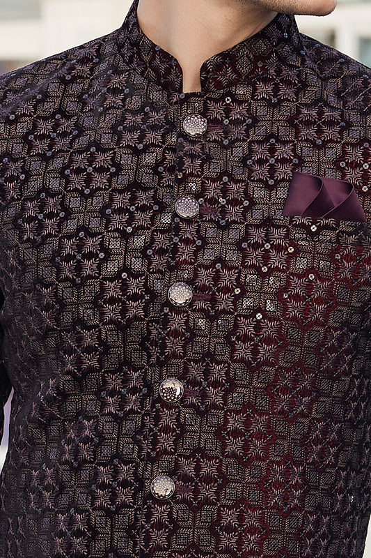 Wine Velvet Jodhpuri (NMK-8222) - Nihal Fashions