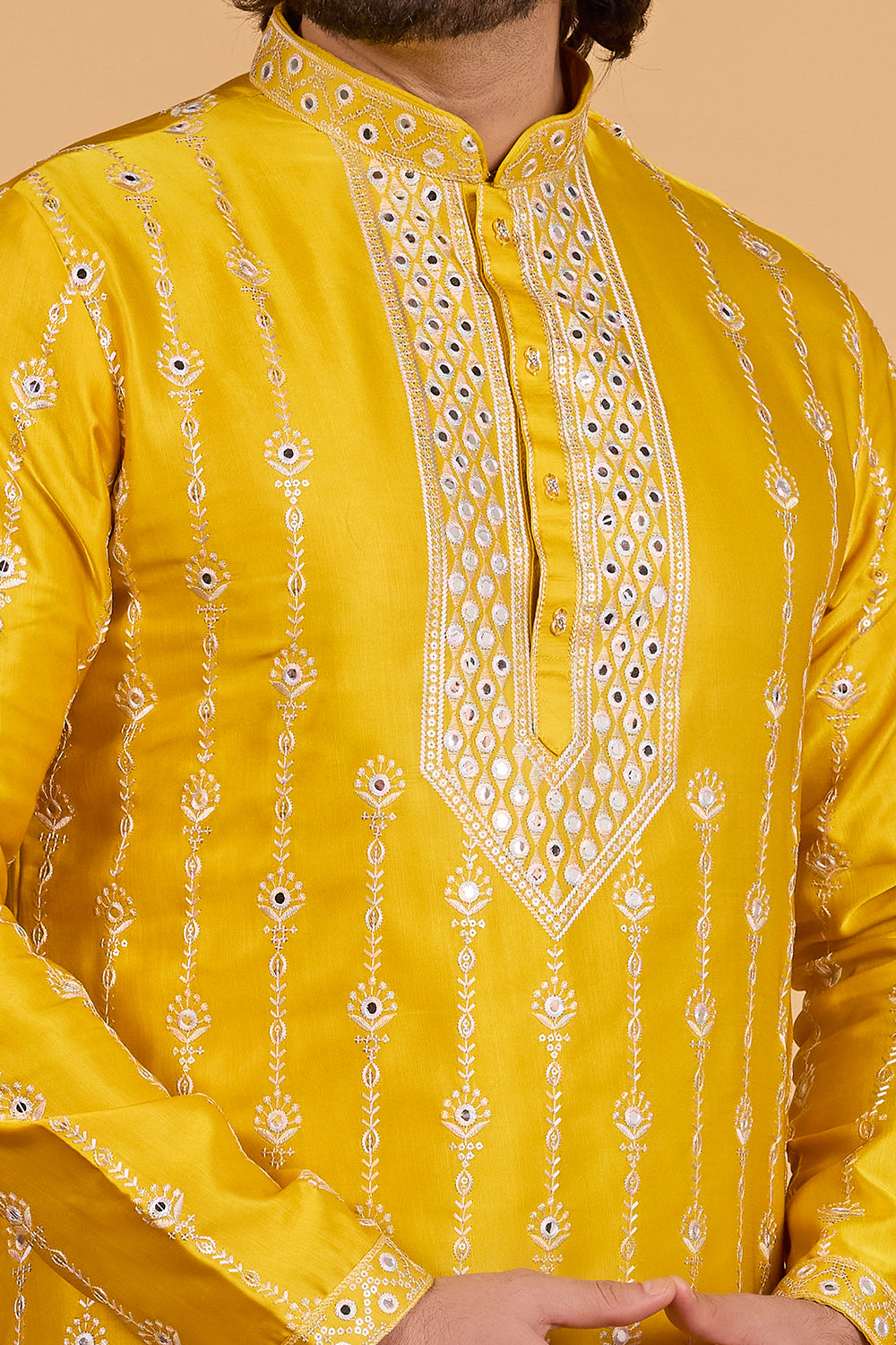 Yellow Art Banarasi Silk Kurta Pajama (NMK-8702) - Nihal Fashions