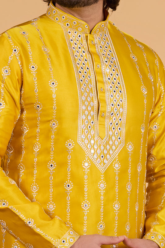 Yellow Art Banarasi Silk Kurta Pajama (NMK-8702) - Nihal Fashions