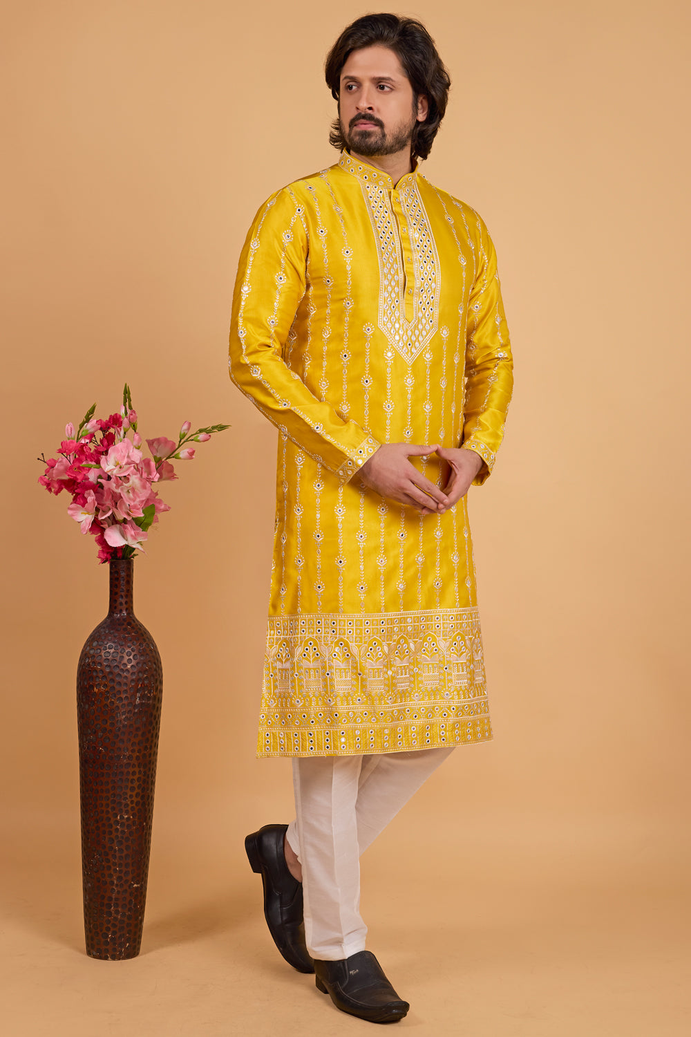 Yellow Art Banarasi Silk Kurta Pajama (NMK-8702) - Nihal Fashions