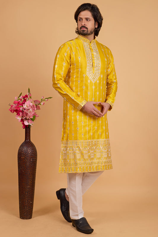 Yellow Art Banarasi Silk Kurta Pajama (NMK-8702) - Nihal Fashions