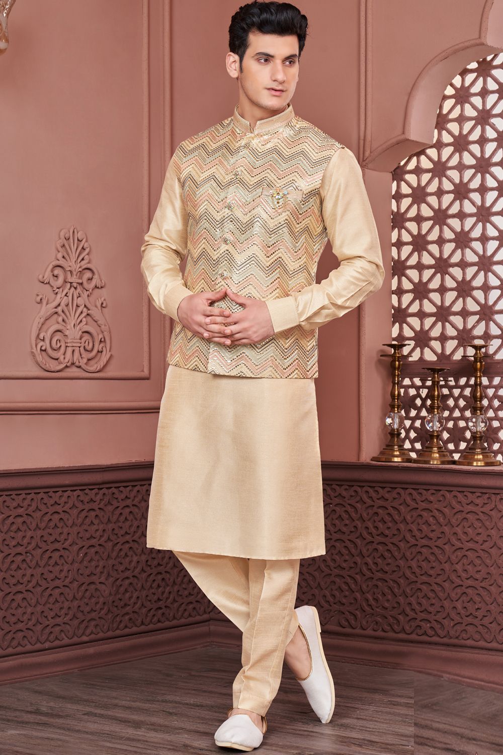 Yellow Art Banarasi Silk Nehru Jacket (NMK-7399) - Nihal Fashions
