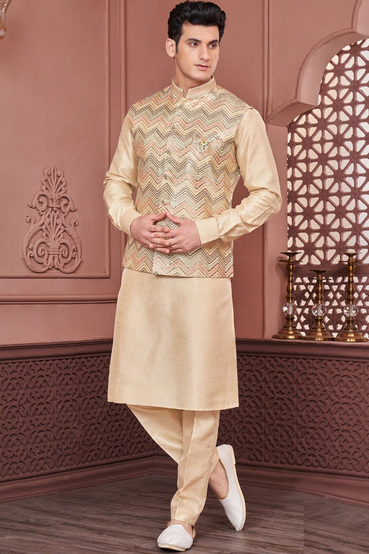 Yellow Art Banarasi Silk Nehru Jacket (NMK-7399) - Nihal Fashions