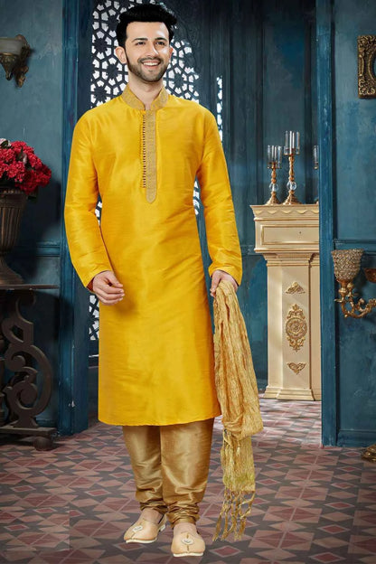 Yellow Art Dupion Mens Kurta Pajama (NMK-3835)