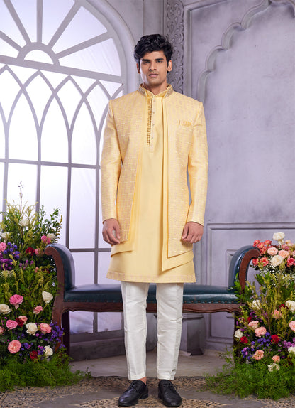 Yellow Art Silk 3 Pcs Jacket Set (NMK-8326) - Nihal Fashions
