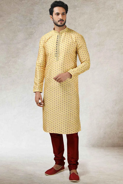 Yellow Art Silk Indian Kurta Pajama (NMK-5849)