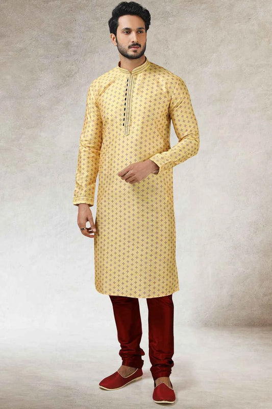 Yellow Art Silk Indian Kurta Pajama (NMK-5849)
