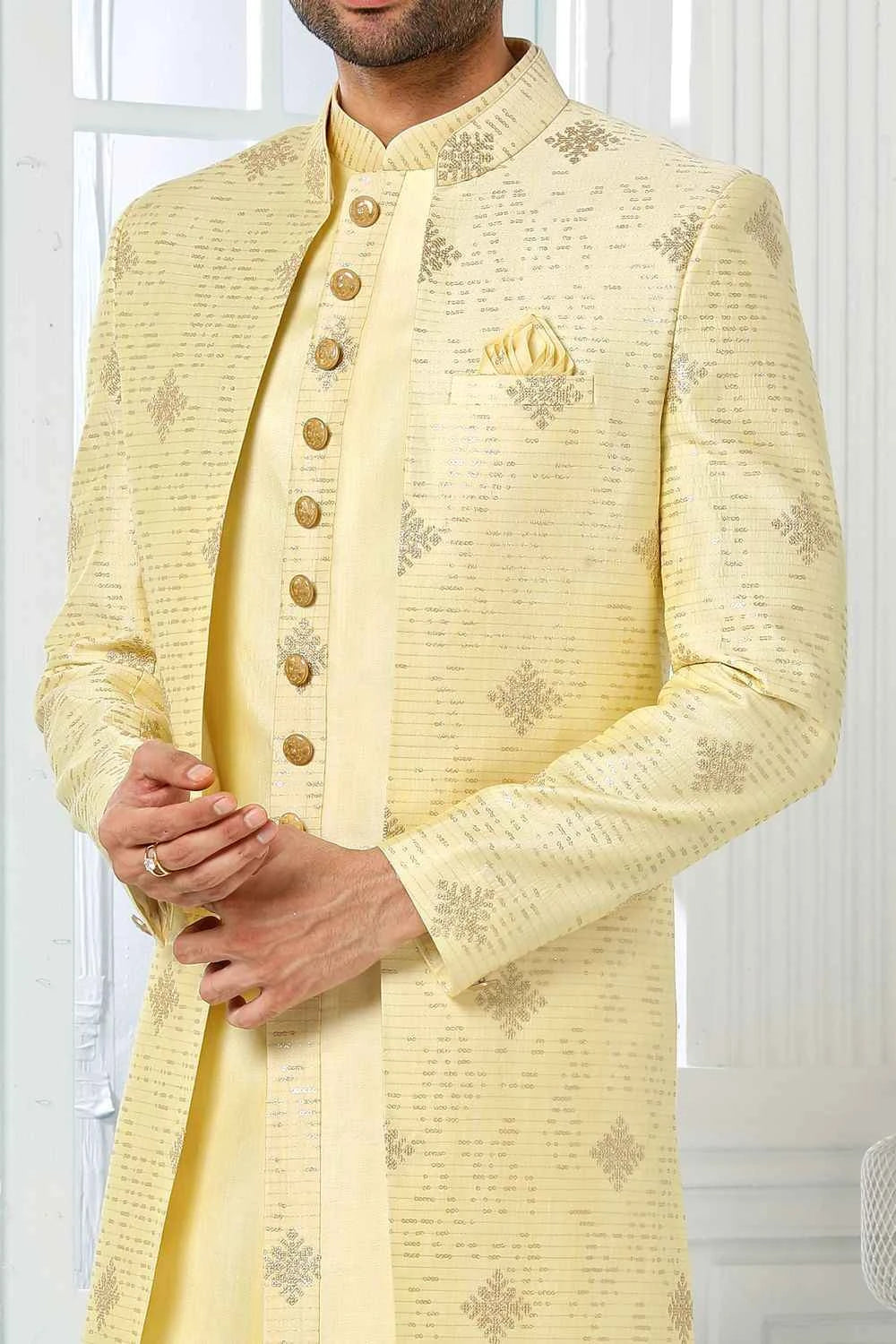 Yellow Art Silk Mens Indo Western (NMK-6282)