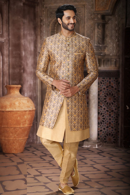 Yellow Art Silk Mens Indo Western (NMK-6851) - Nihal Fashions