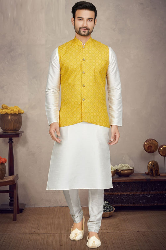 Yellow Art Silk Mens Nehru Jacket (NMK-6958) - Nihal Fashions