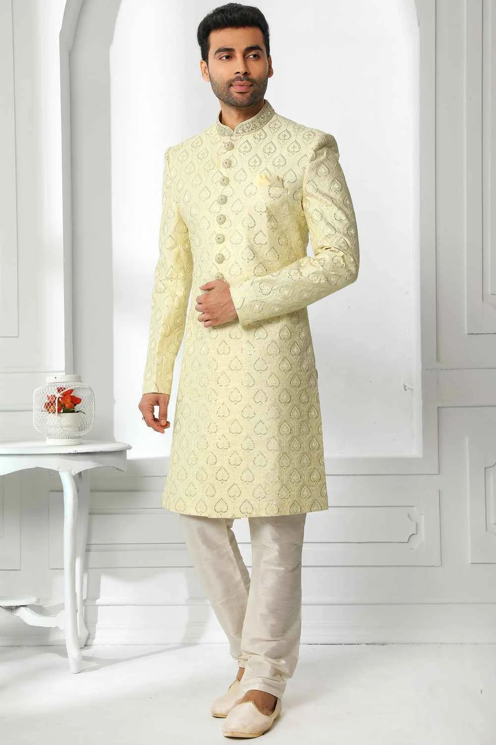 Yellow Art Silk Mens Sherwani (NMK-6264)