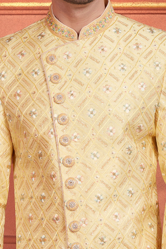 Yellow Art Silk Mens Sherwani (NMK-7899) - Nihal Fashions