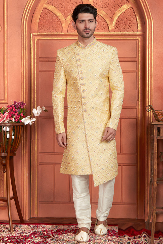 Yellow Art Silk Mens Sherwani (NMK-7899) - Nihal Fashions