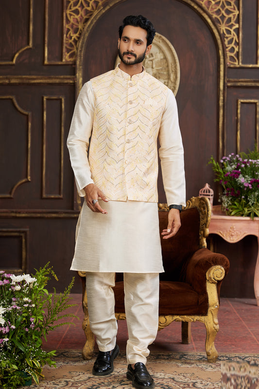 Yellow Art Silk Nehru Jacket for Men (NMK-7956) - Nihal Fashions