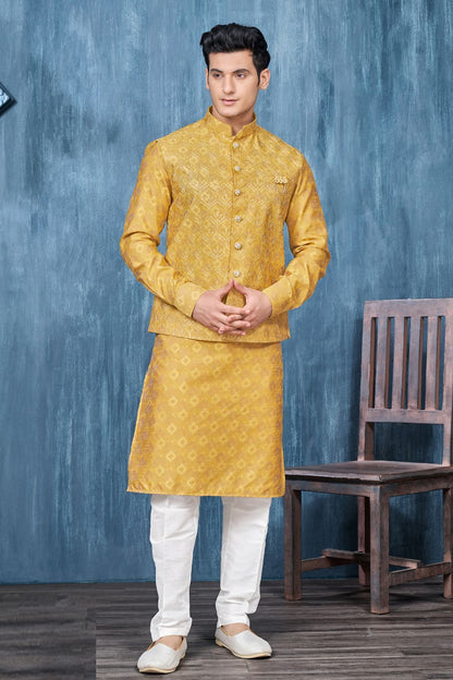 Yellow Art Silk Nehru Jacket (NMK-7351) - Nihal Fashions