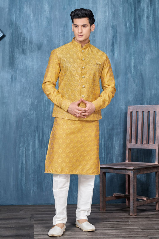 Yellow Art Silk Nehru Jacket (NMK-7351) - Nihal Fashions